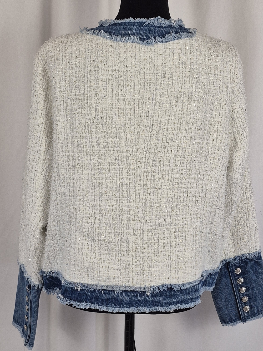 Nanette Lepore Tweed & Frayed Denim Jacket w/ Metallic Thread Sequins - Size XL - Picture 6 of 16